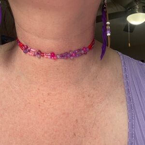 Vibrant Red and Purple Beaded Choker Necklace
